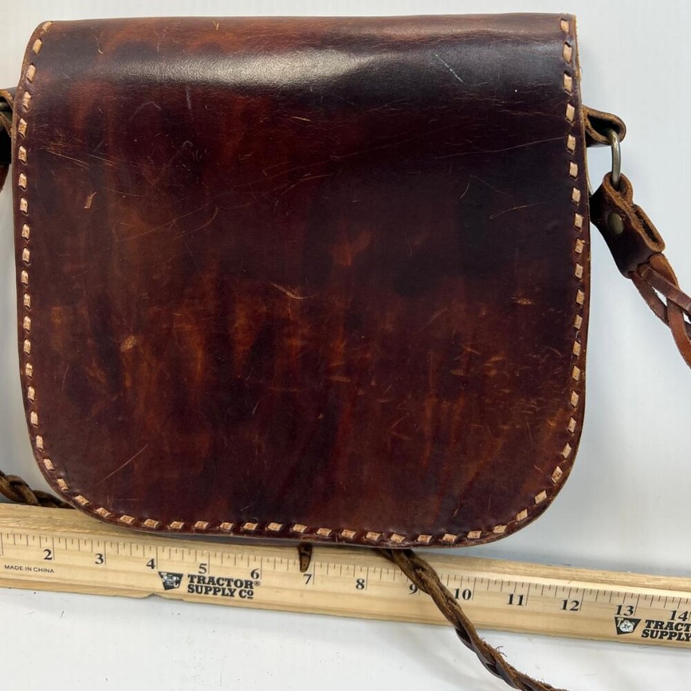 Vintage Hand Tooled Leather Crossbody Bag Brown Western Style Braided Strap - Picture 2 of 6
